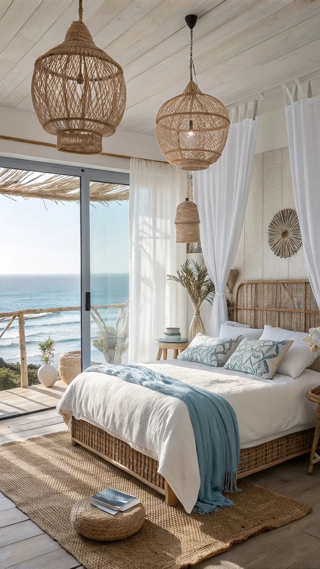 Boho coastal bedroom with natural elements and ocean view.