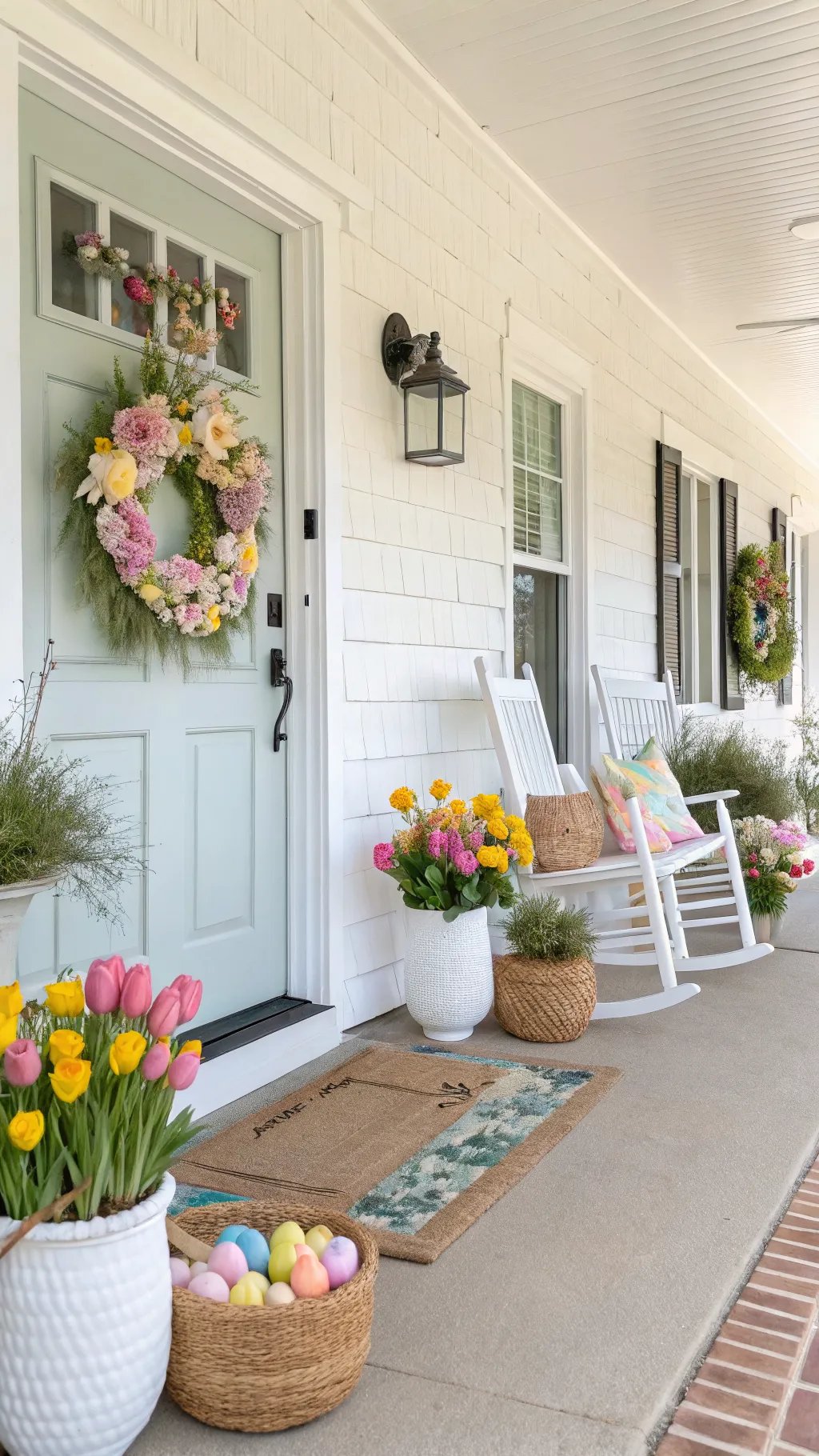 A bright and cheerful Easter-themed porch with floral decorations and pastel eggs