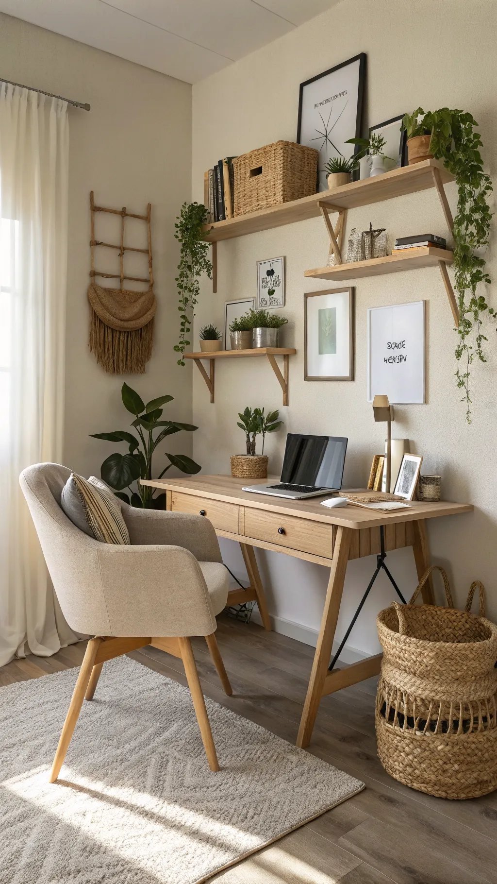 Stylish budget-friendly home office with wooden desk, chair, and plants.