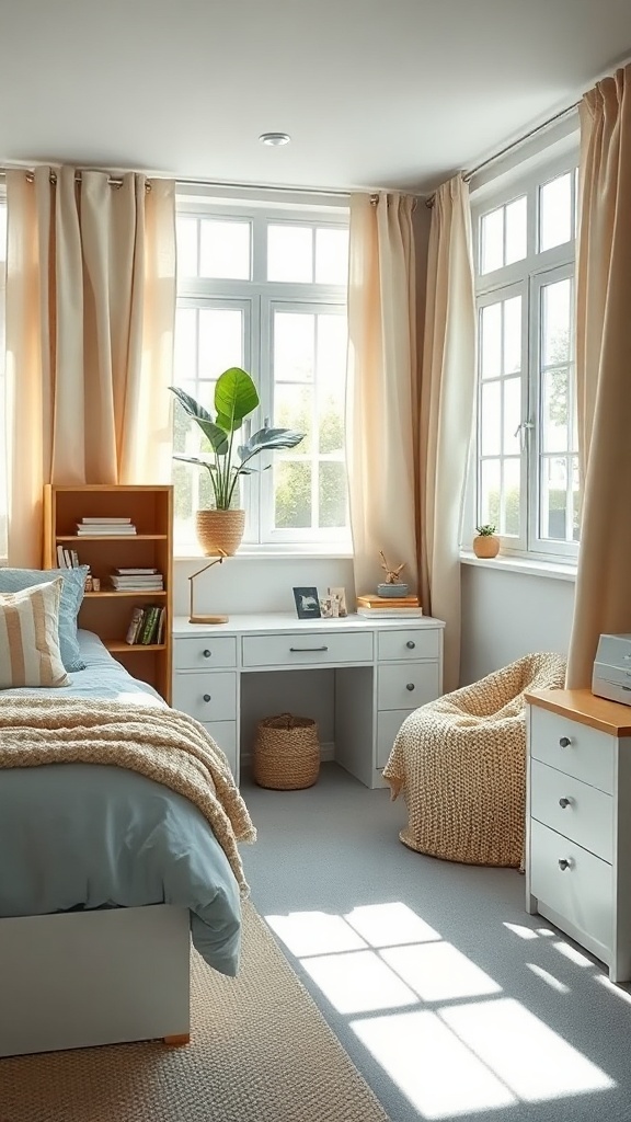 A light blue dorm room featuring a cozy bed, desk, and natural light.