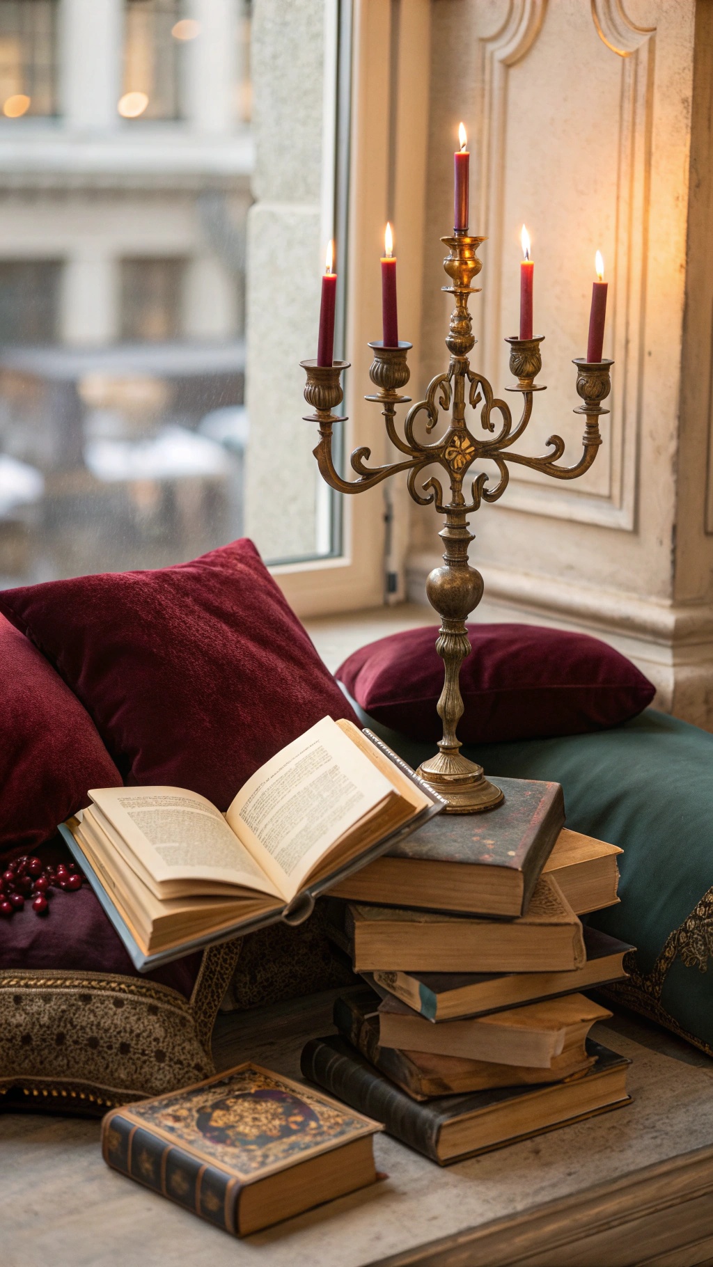 Whimsical Goth Room Decor: Crafting a Magical, Moody Sanctuary A cozy corner with a vintage candelabra, candles lit, plush pillows, and stacked books.
