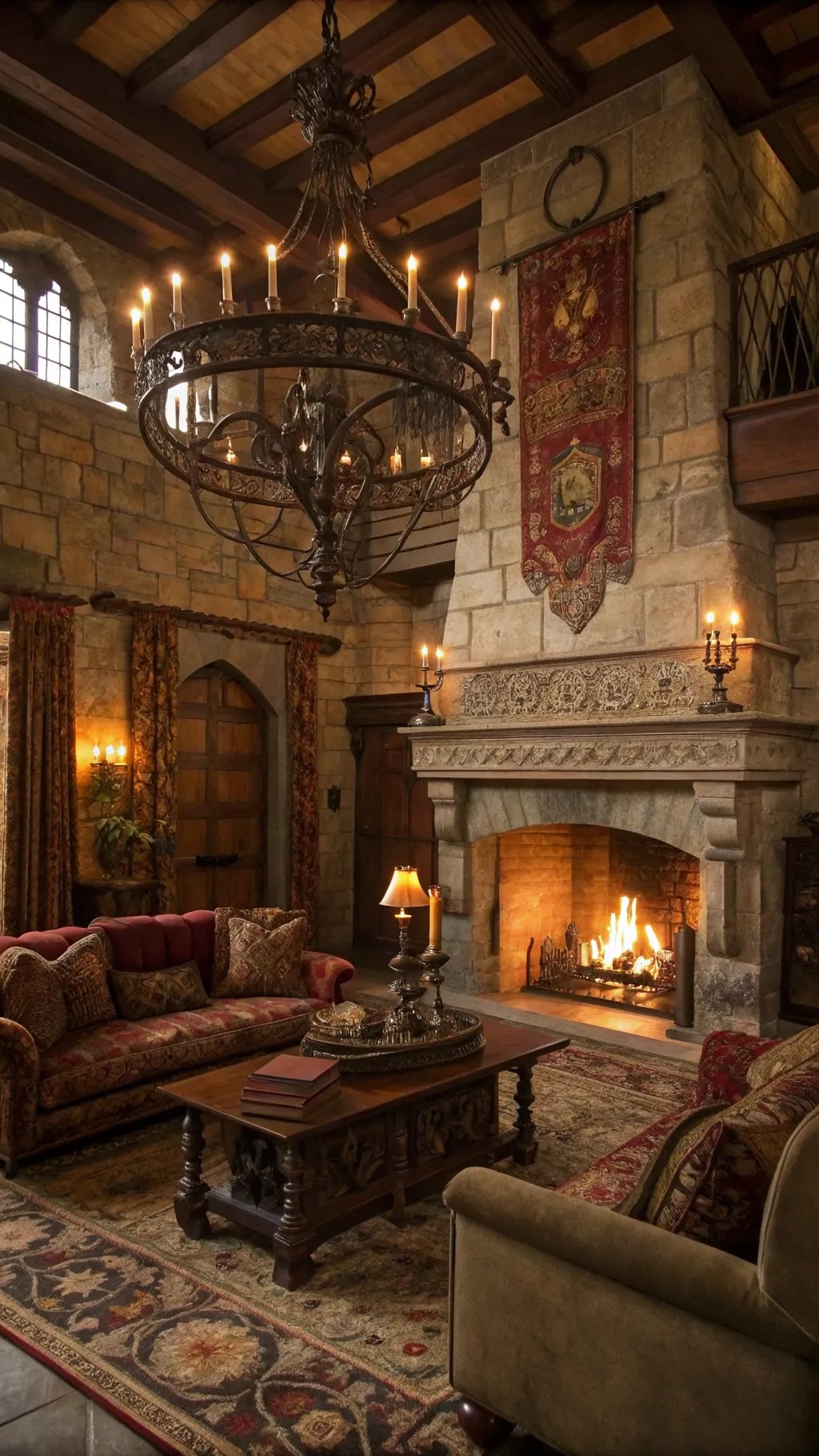 An elegant castlecore living room with a stone fireplace and chandelier.