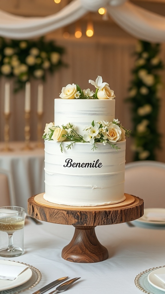 A beautifully decorated Chamomile Lemon Wedding Cake with roses and greenery on a wooden stand.