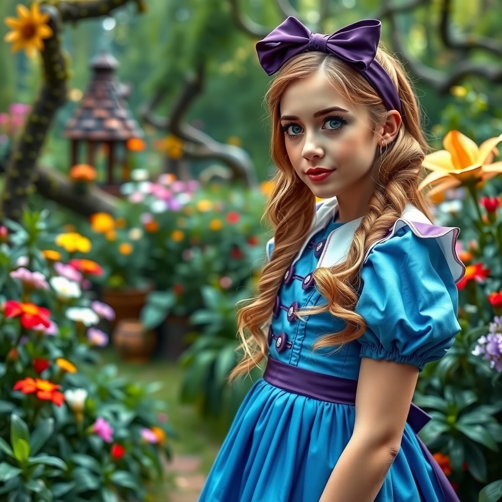 50 Spooktacular Halloween Costumes for Every Theme and Style A girl dressed as Alice from Alice in Wonderland, wearing a blue dress and a purple bow, standing in a colorful garden.