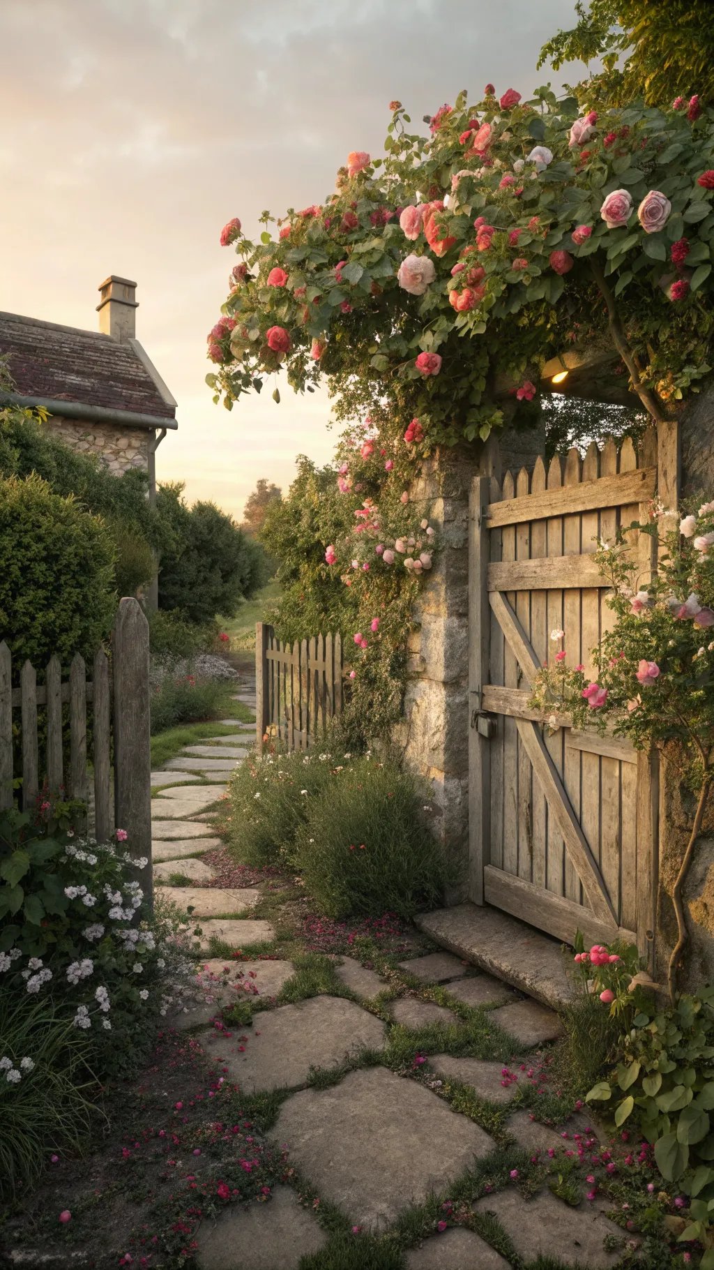 Charming wooden garden gate with flowers and stone pathway leading to a cottage.