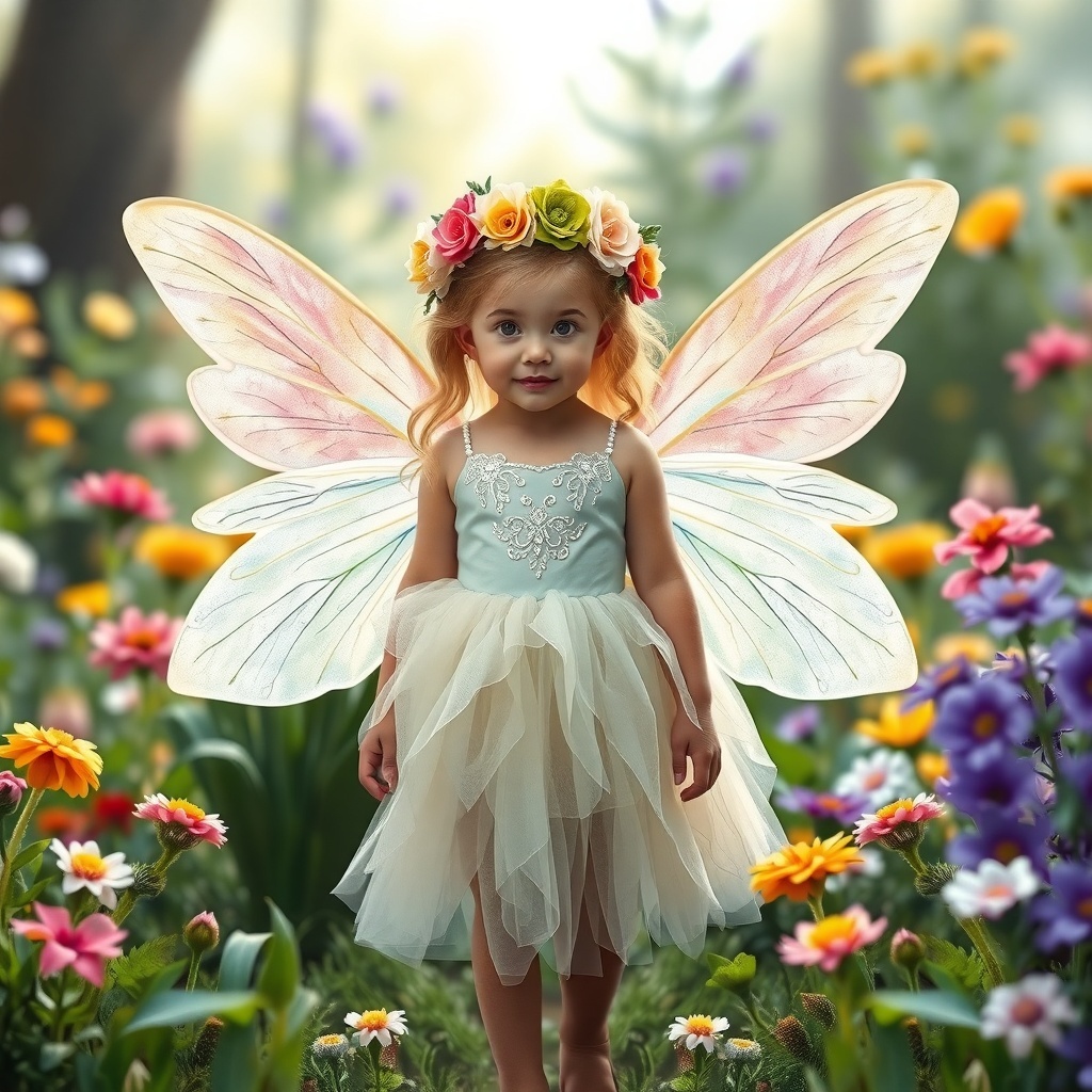 50 Spooktacular Halloween Costumes for Every Theme and Style A young child dressed in a charming fairy costume with wings and a flower crown, standing in a colorful flower garden.