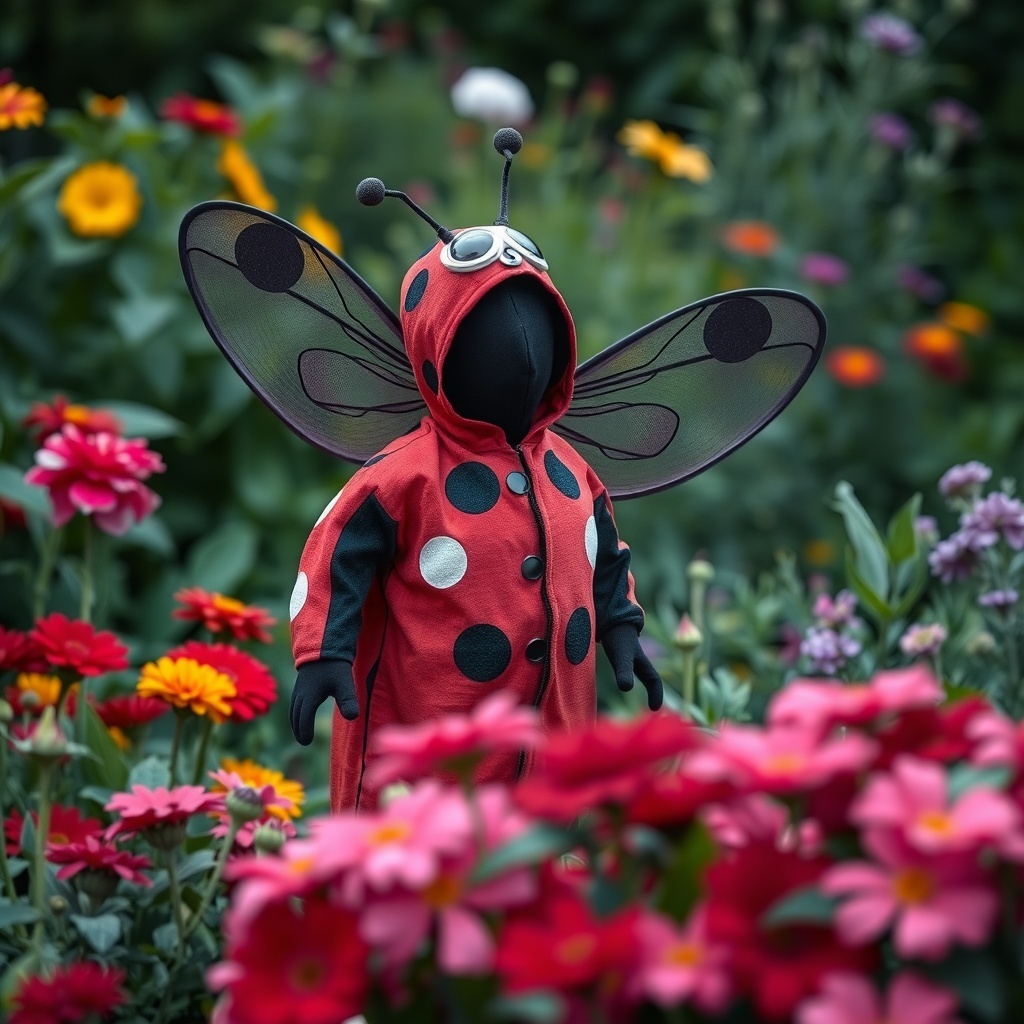 50 Spooktacular Halloween Costumes for Every Theme and Style A charming ladybug costume with red and black polka dots, featuring wings, set against a backdrop of colorful flowers.