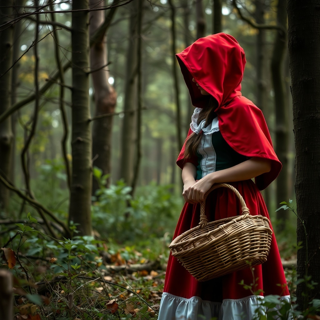 50 Spooktacular Halloween Costumes for Every Theme and Style A girl in a red riding hood costume standing in a forest holding a basket.