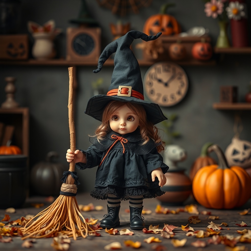 50 Spooktacular Halloween Costumes for Every Theme and Style A charming doll dressed as a little witch with a broomstick, surrounded by Halloween decorations.