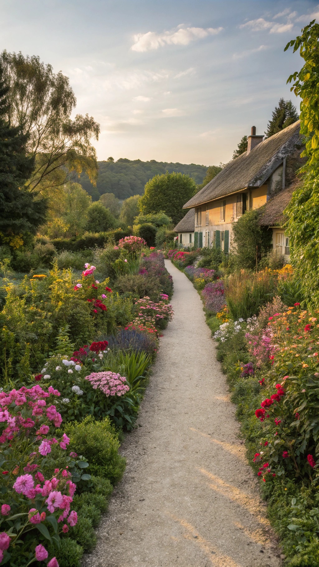 Creating Your Dream French Cottage Garden: A Romantic European Escape A charming gravel pathway lined with colorful flowers leading to a cottage in a French garden.
