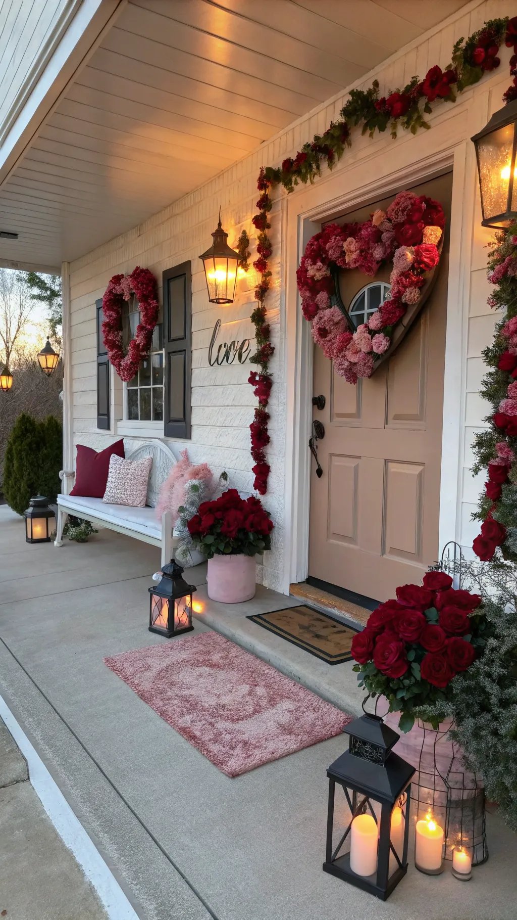 A charming Valentine's themed front porch decorated with heart wreaths, lanterns, and flowers.