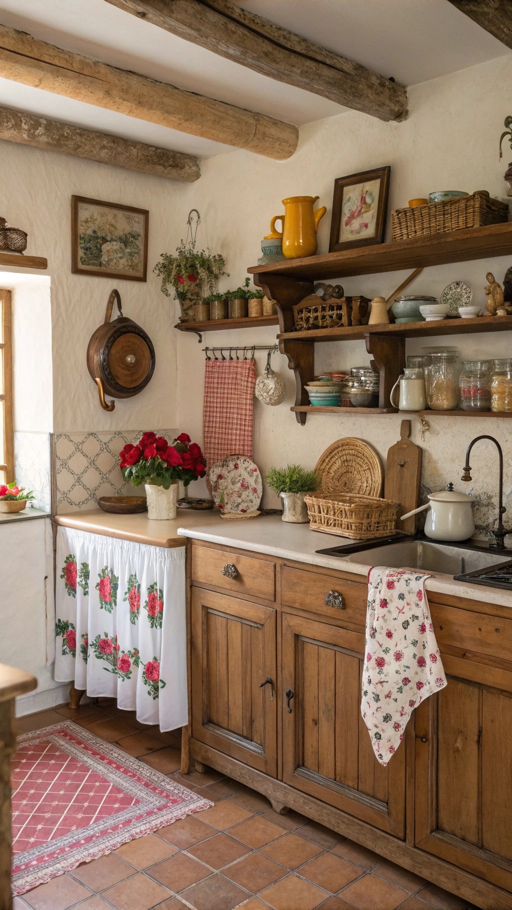 Creating Your Dream French Cottage Kitchen: A Comprehensive Guide A cozy French cottage kitchen featuring wooden beams, floral decor, and rustic elements.