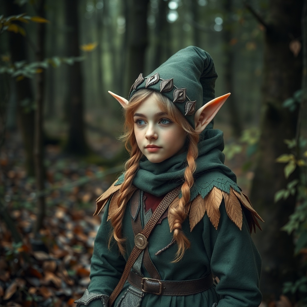 50 Spooktacular Halloween Costumes for Every Theme and Style A young girl dressed as a woodland elf with pointed ears and a green cloak, surrounded by trees in a forest.