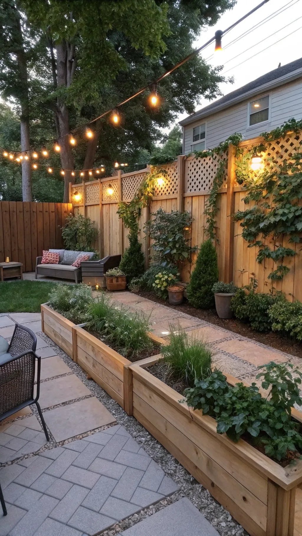 Stylish outdoor space with wooden privacy fence, plants, and cozy seating area.