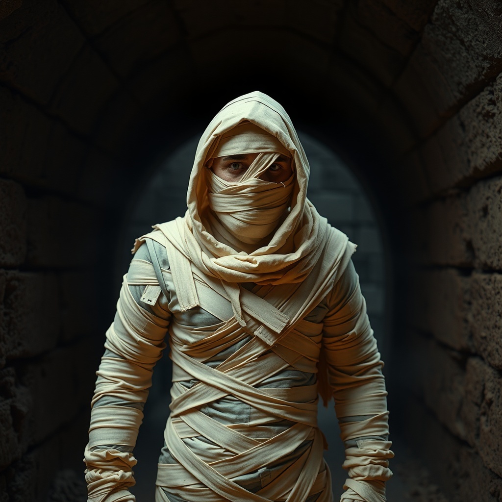 50 Spooktacular Halloween Costumes for Every Theme and Style A person dressed as a mummy, wrapped in bandages, standing in a dimly lit tunnel.