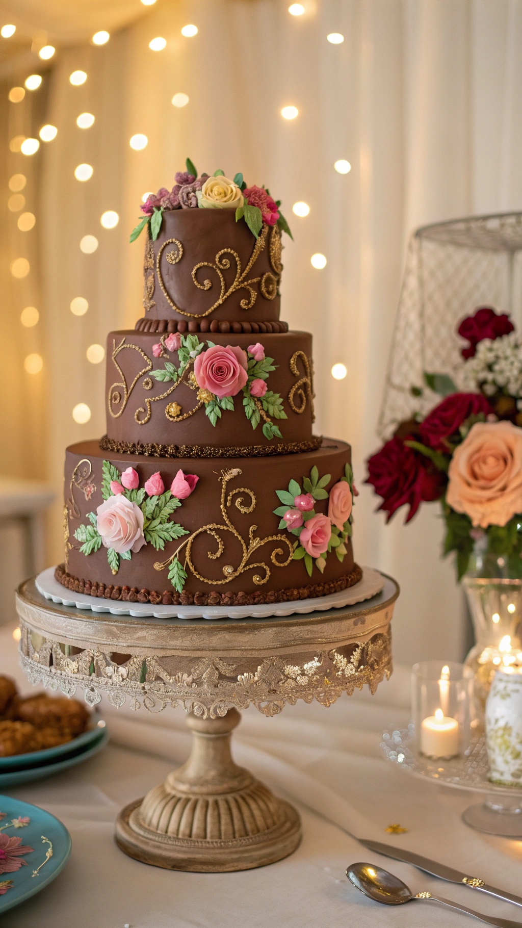 A beautifully decorated chocolate mousse wedding cake with floral accents.