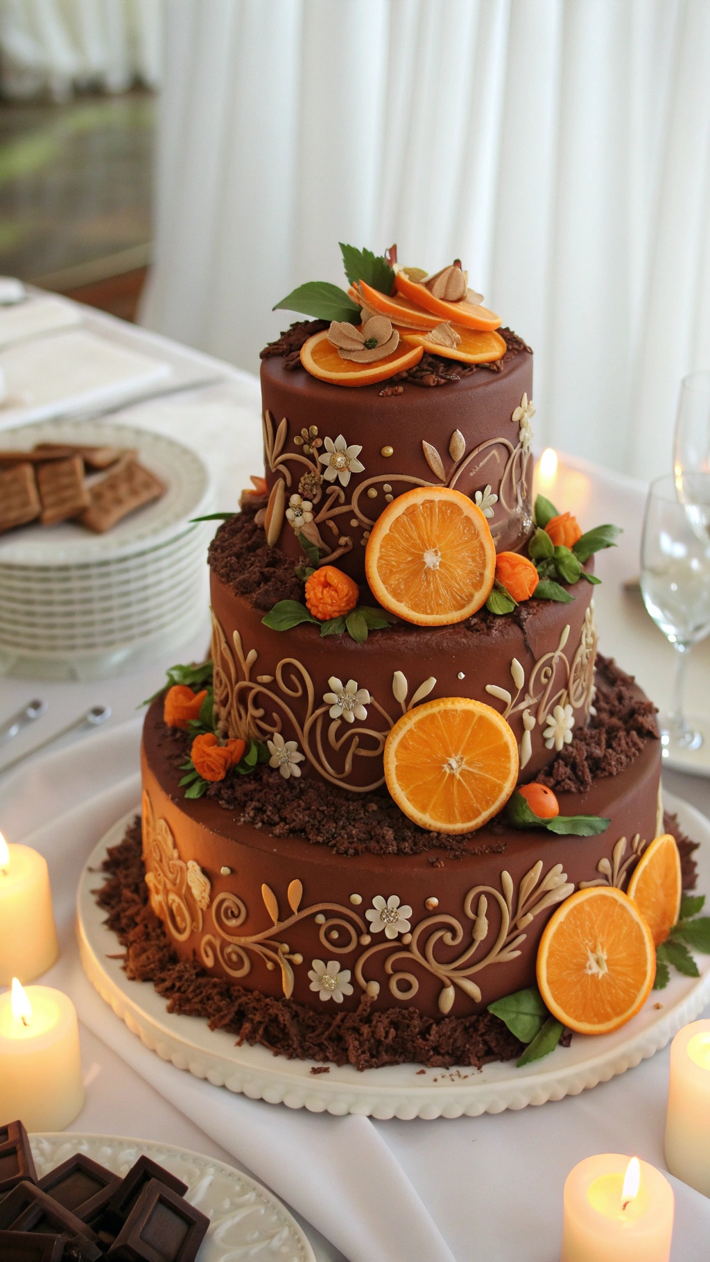 A three-tiered chocolate orange wedding cake decorated with orange slices and flowers.