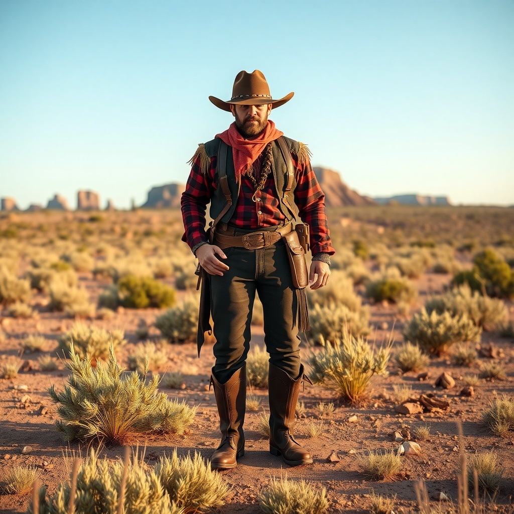 50 Spooktacular Halloween Costumes for Every Theme and Style A cowboy in a classic outfit standing in a desert landscape, wearing a plaid shirt, wide-brimmed hat, and boots.