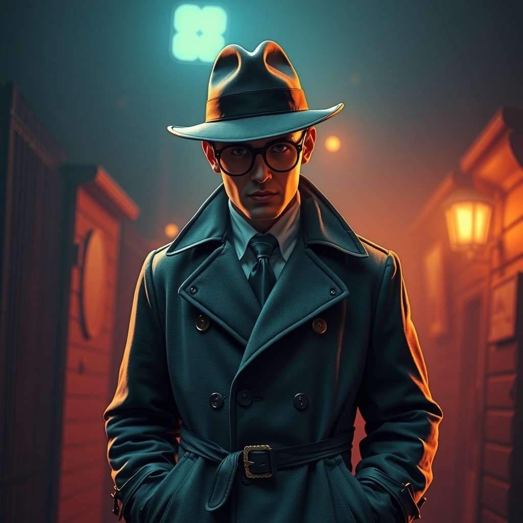 50 Spooktacular Halloween Costumes for Every Theme and Style A person dressed in a classic detective outfit, featuring a trench coat and fedora, standing in a dimly lit street.