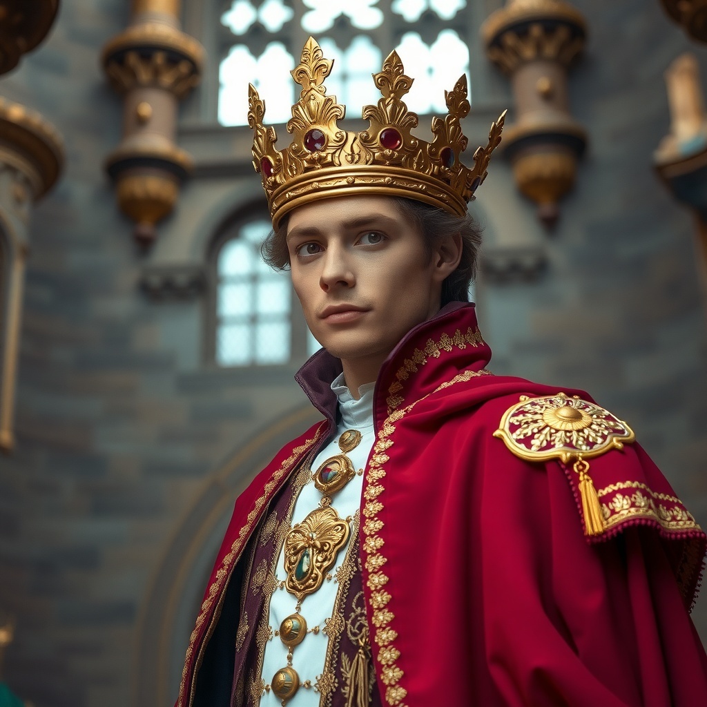 50 Spooktacular Halloween Costumes for Every Theme and Style A young man dressed as a fairy tale prince, wearing a crown and a red cape in a castle setting.