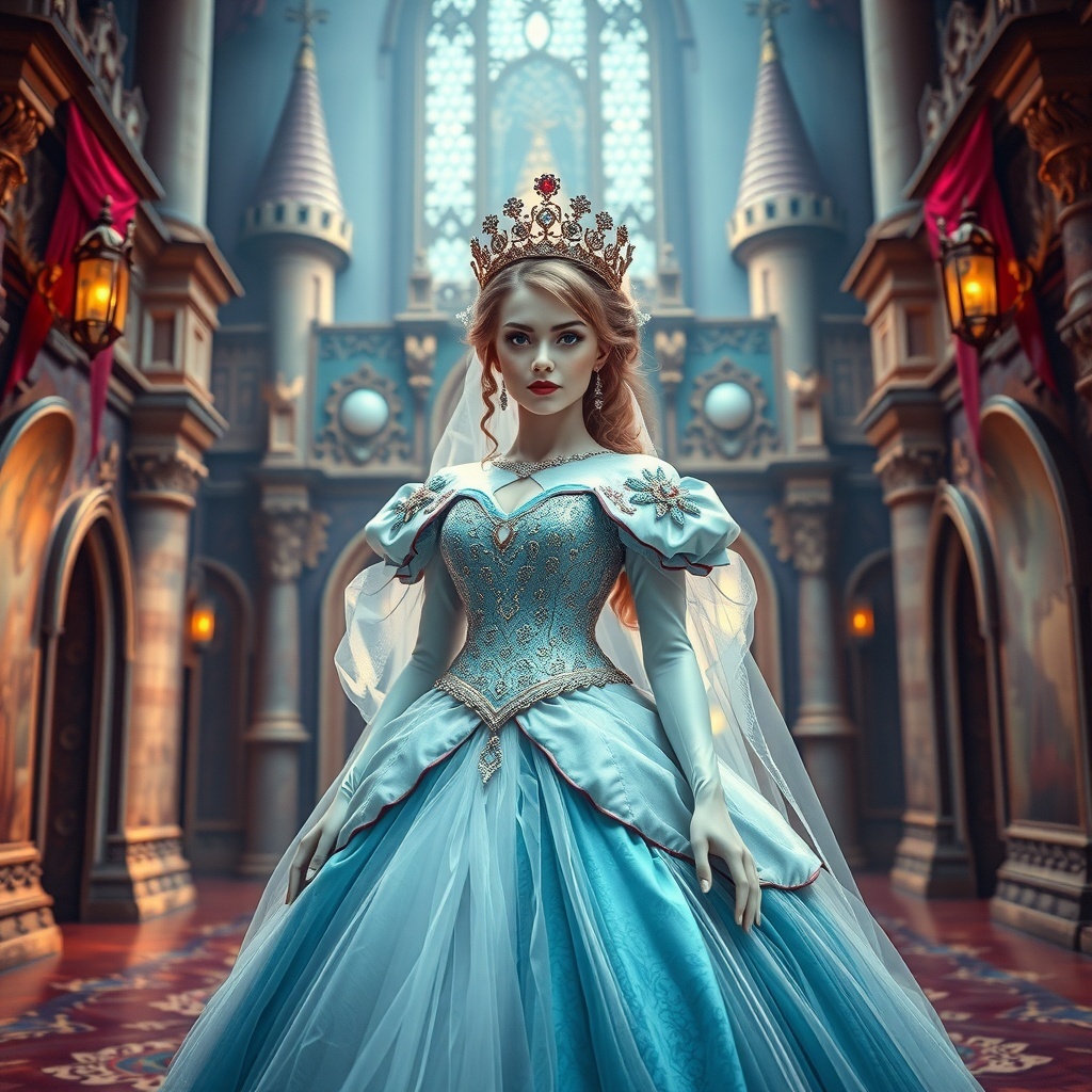 50 Spooktacular Halloween Costumes for Every Theme and Style A princess in a blue gown with a crown, standing in a grand castle setting.