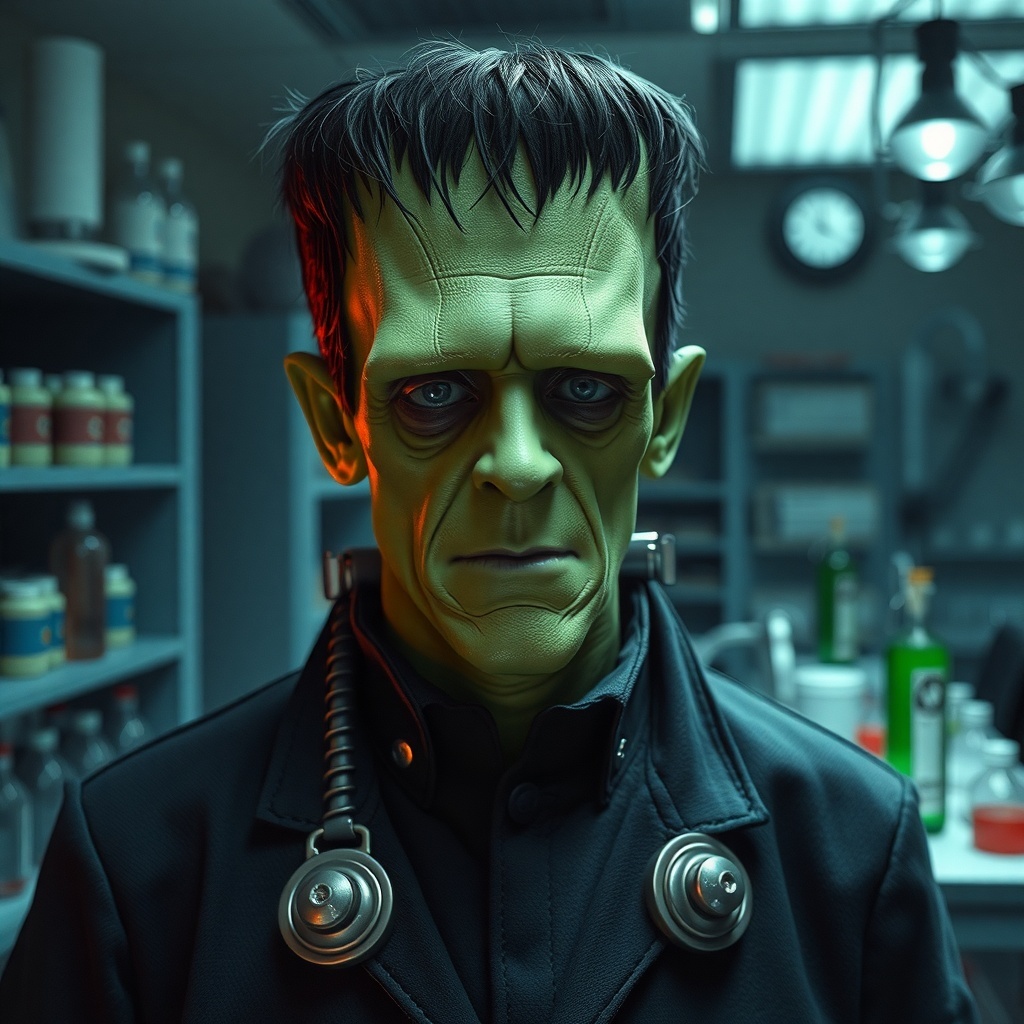 50 Spooktacular Halloween Costumes for Every Theme and Style A classic Frankenstein monster with a green complexion and bolts in the neck, set in a lab environment.