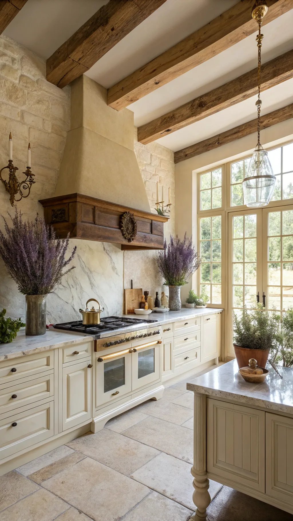 A classic French kitchen featuring cream-colored cabinets, marble countertops, wooden beams, and decorative lavender arrangements.
