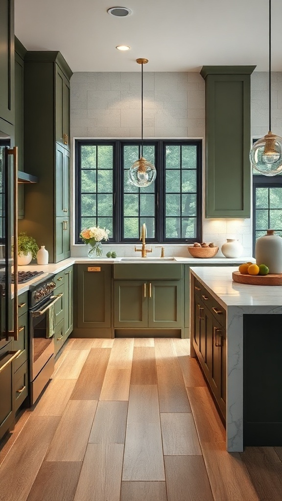 A beautifully designed kitchen featuring olive green cabinets and light wooden flooring, showcasing a modern interior design.