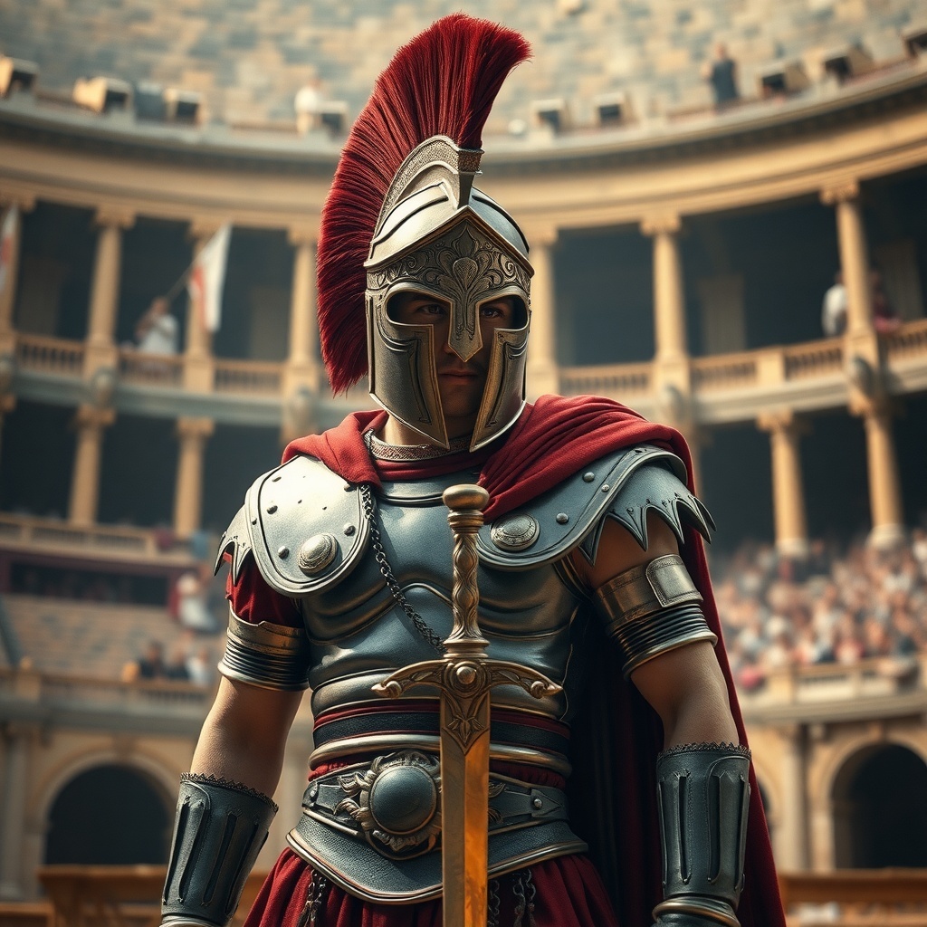 50 Spooktacular Halloween Costumes for Every Theme and Style A classic Roman gladiator in full armor, standing confidently with a sword, set in an ancient arena.