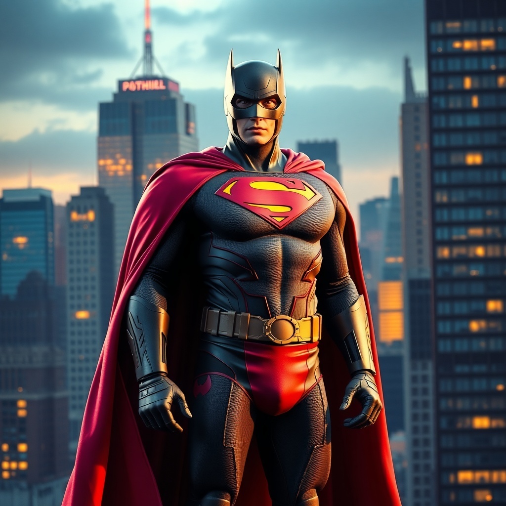 50 Spooktacular Halloween Costumes for Every Theme and Style A superhero in a classic outfit with a cape and emblem, standing against a city skyline.