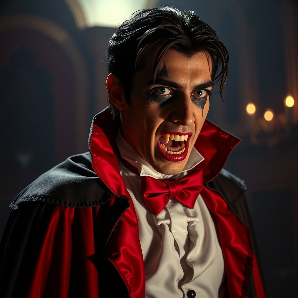 50 Spooktacular Halloween Costumes for Every Theme and Style A person dressed in a classic vampire costume with a black cape, white shirt, and red bow tie, showing fangs and dramatic makeup.