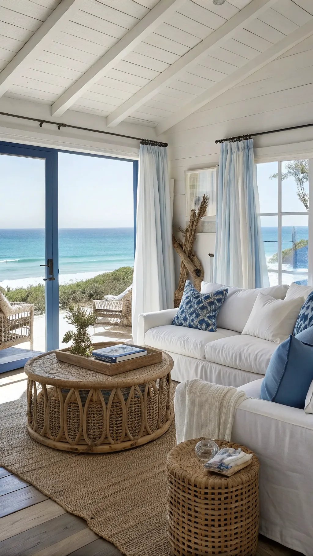 A bright coastal living room featuring white furniture, blue accents, and ocean views.