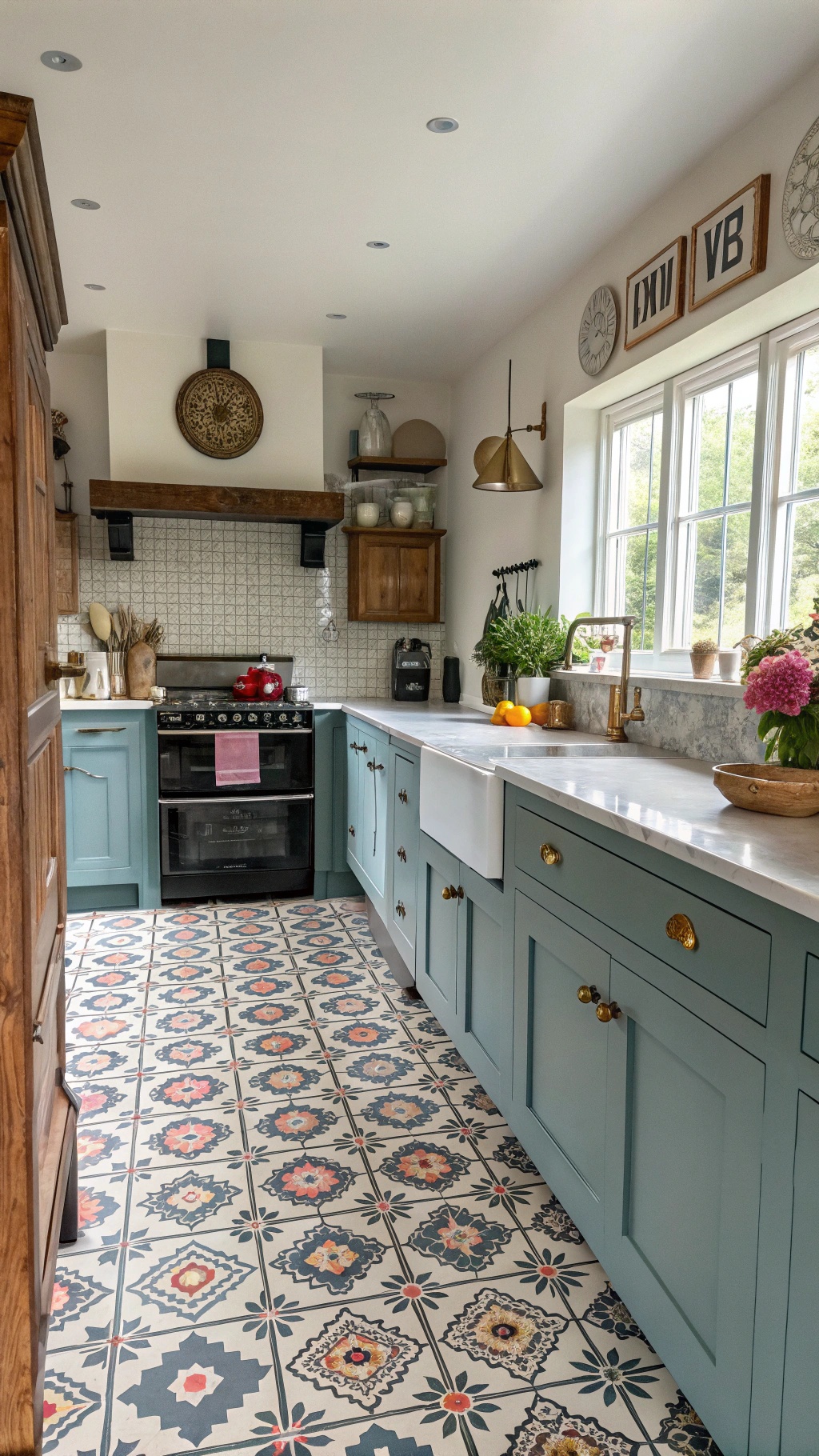 Farmhouse Kitchen Flooring: Rustic Charm Meets Modern Durability A farmhouse kitchen with patterned tiled flooring and blue cabinetry.