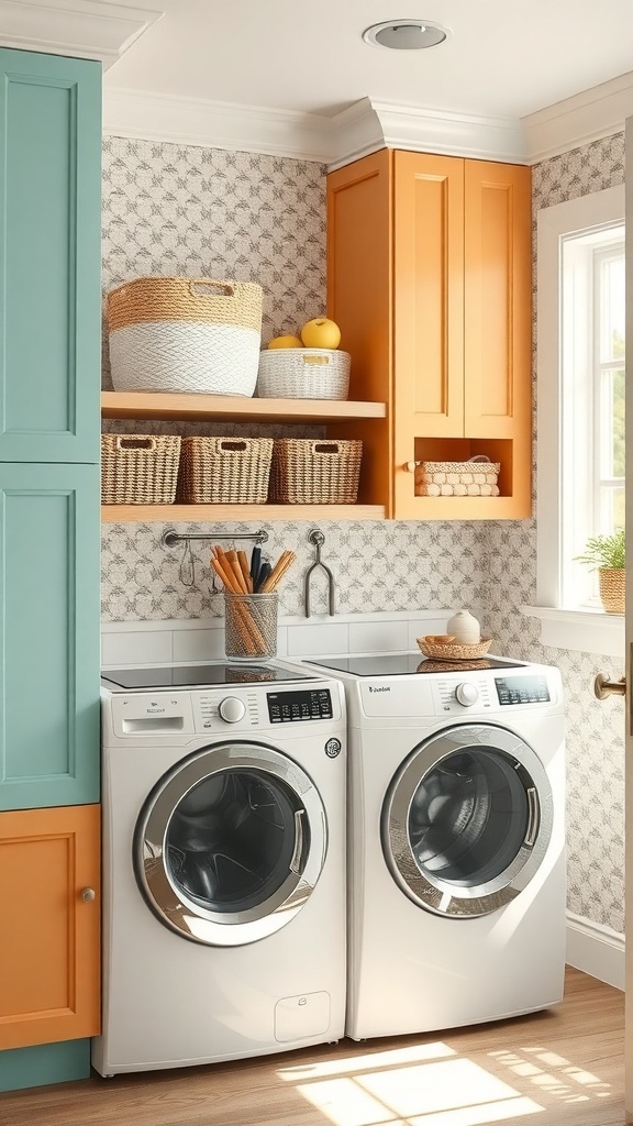 A colorful and stylish laundry room featuring teal and orange cabinets, patterned wallpaper, and organized shelving.
