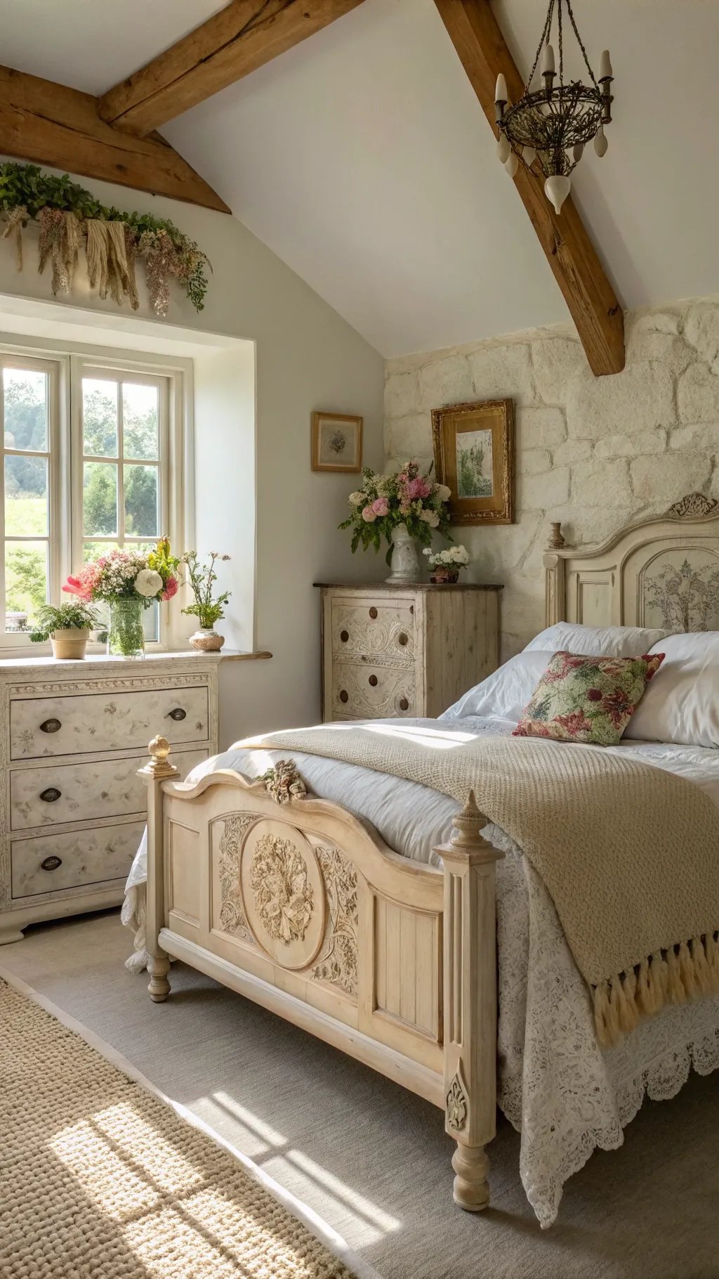 Rustic cottage bedroom with carved wooden furniture, fresh flowers, and natural light.