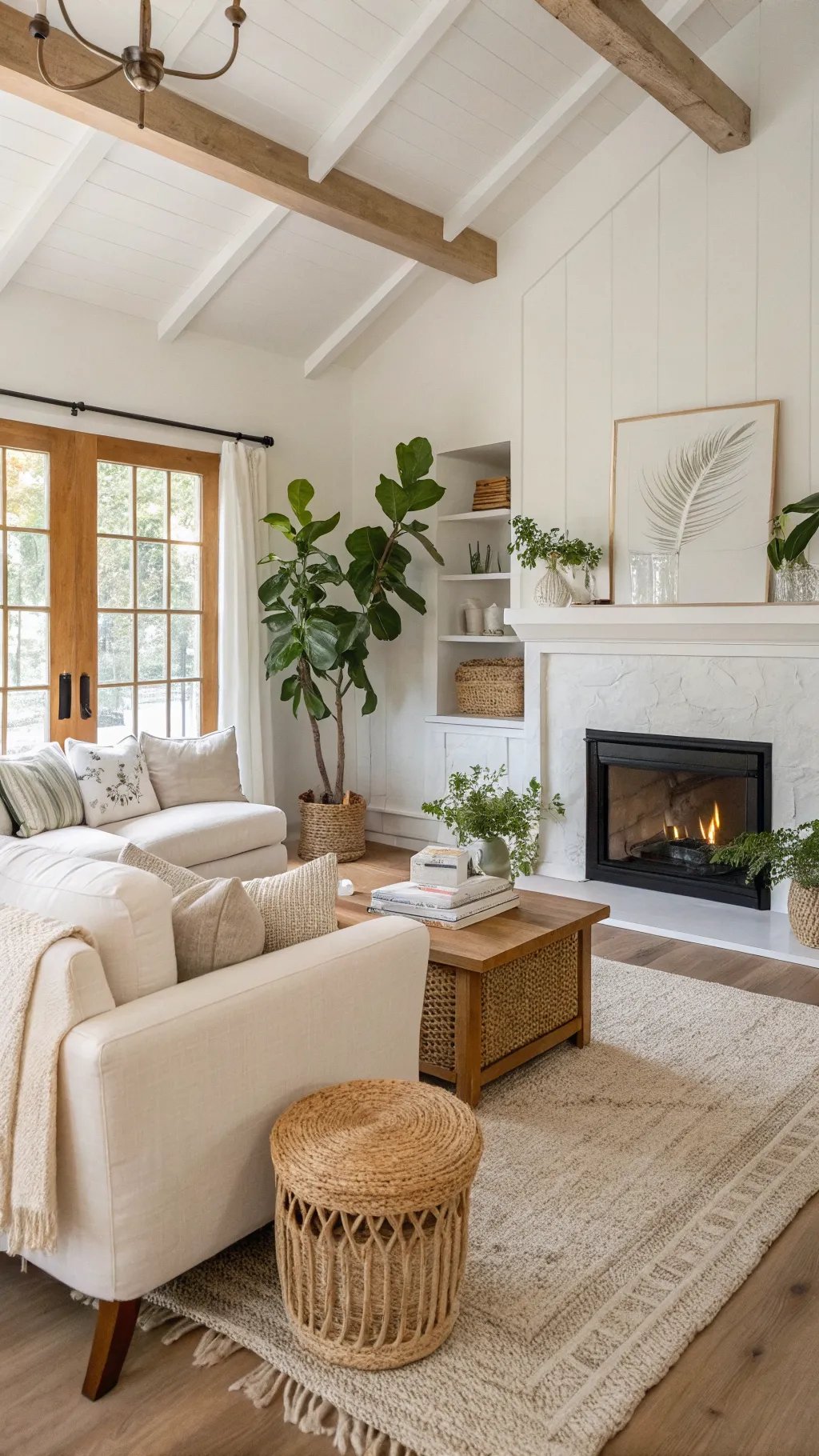 A stylish living area featuring a mix of cottage chic and modern minimalism, with a cozy white sofa, wooden beams, plants, and a fireplace.