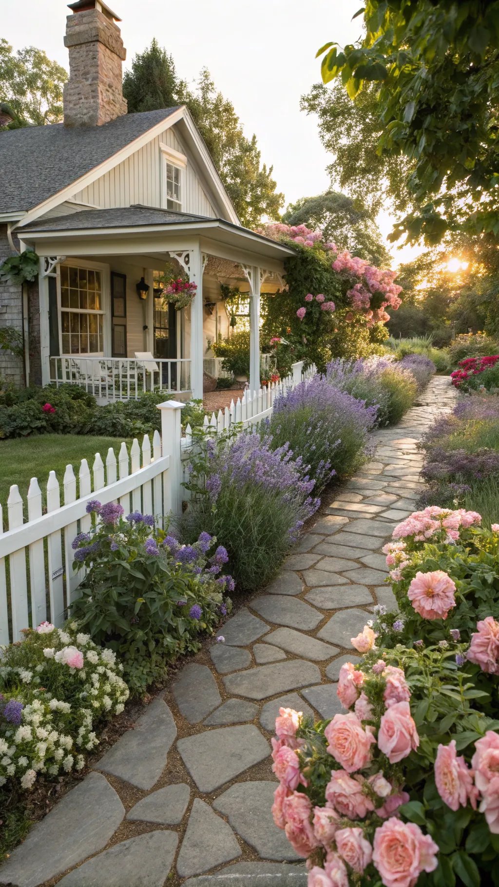 A charming cottage front garden with a stone pathway, vibrant flowers, and a white picket fence.