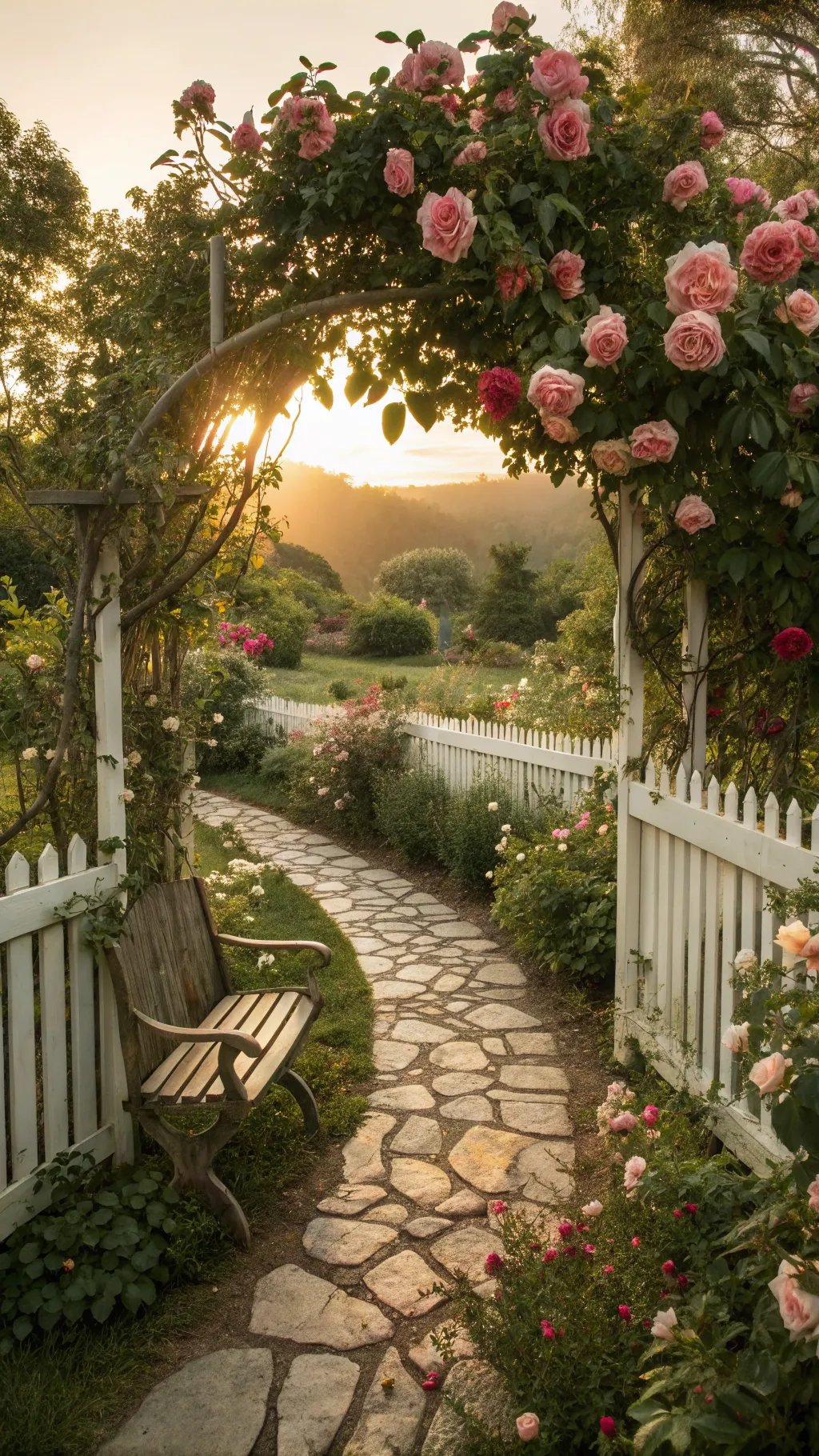 A picturesque garden path lined with blooming pink roses and a wooden bench under an arch of rose bushes.
