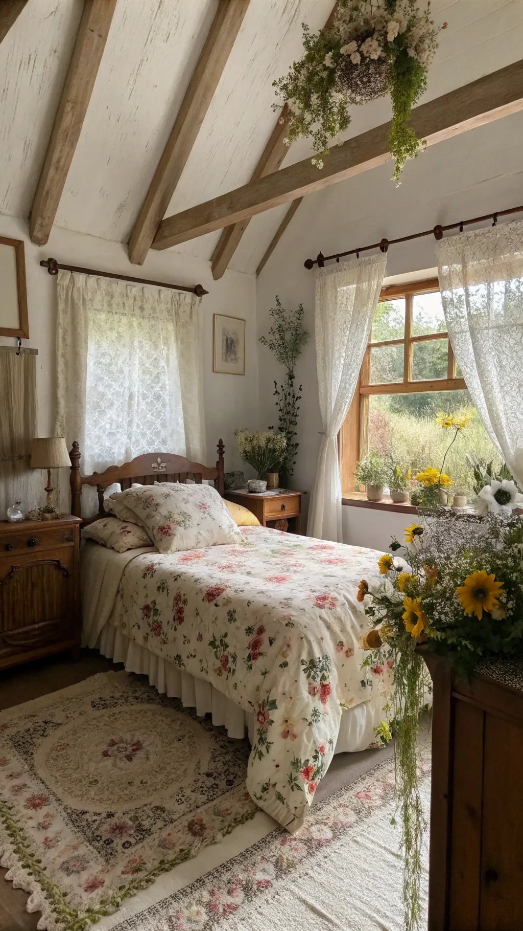 A cozy cottagecore bedroom featuring floral bedding, wooden furniture, and lace curtains.
