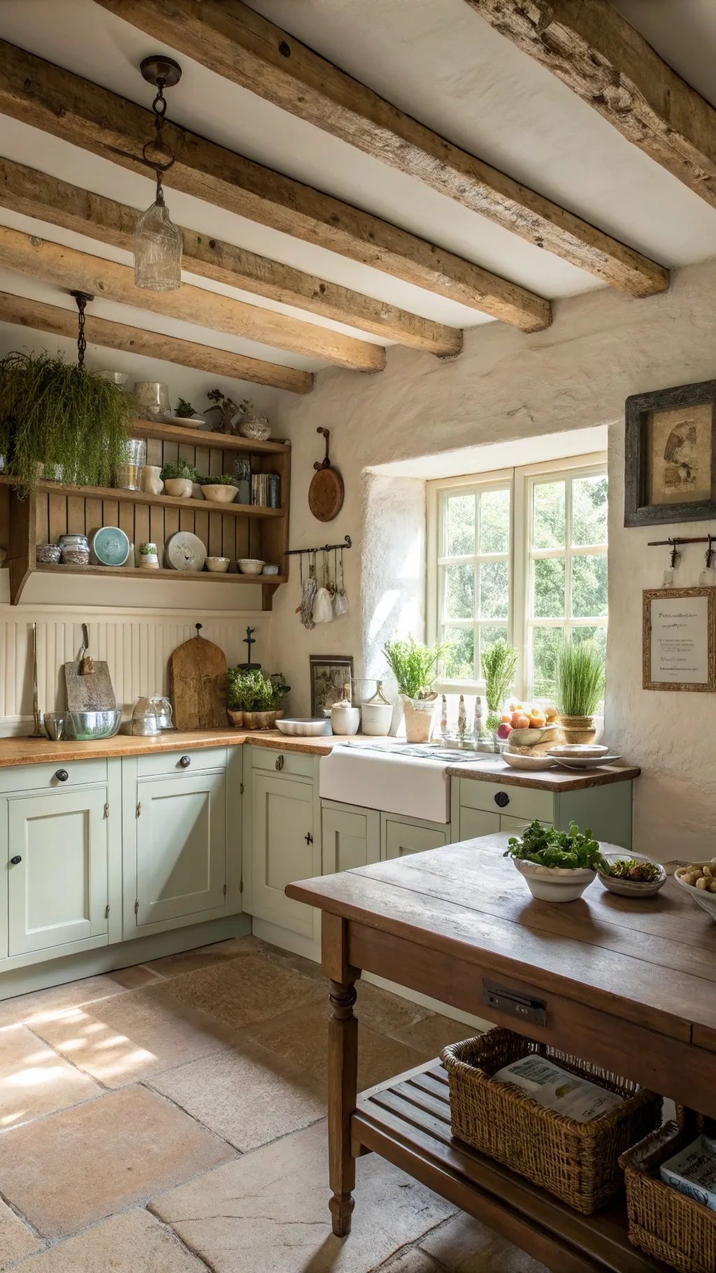 Rustic country cottage kitchen with wooden beams, green cabinets, and natural decor.