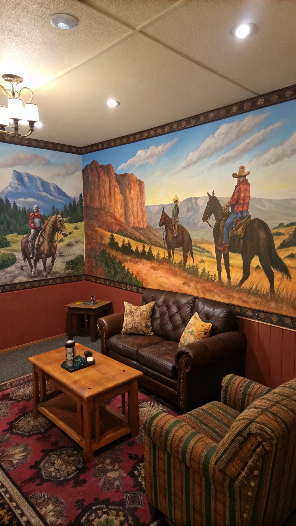 35 Must-Have Items for the Perfect Cowboy Living Room A cozy cowboy living room featuring murals of cowboys on horseback in a rustic setting.