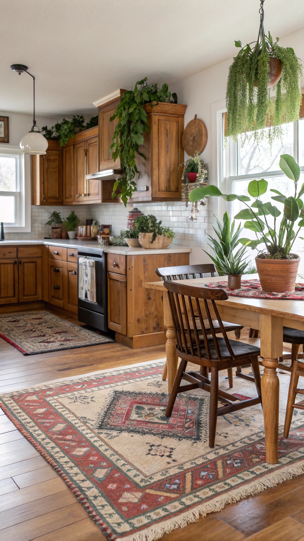Farmhouse Kitchen Flooring: Rustic Charm Meets Modern Durability A cozy farmhouse kitchen featuring wooden cabinets, plants, and area rugs on the floor.
