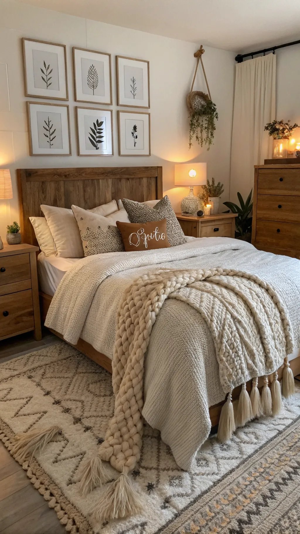 A cozy bedroom featuring wooden furniture, soft bedding, and decorative pillows