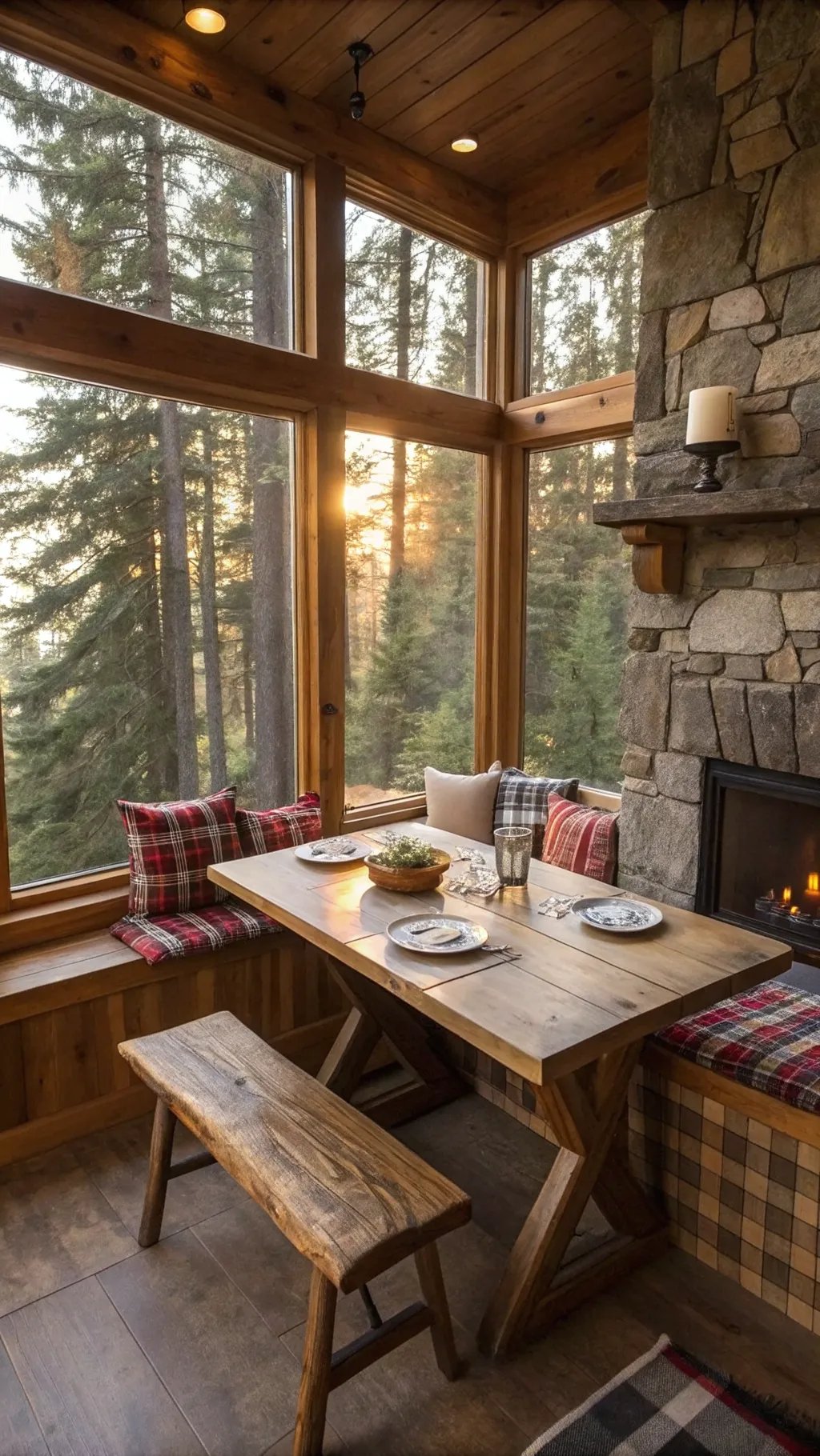 Cozy breakfast nook in a cabin with large windows, wooden furniture, and a stone fireplace