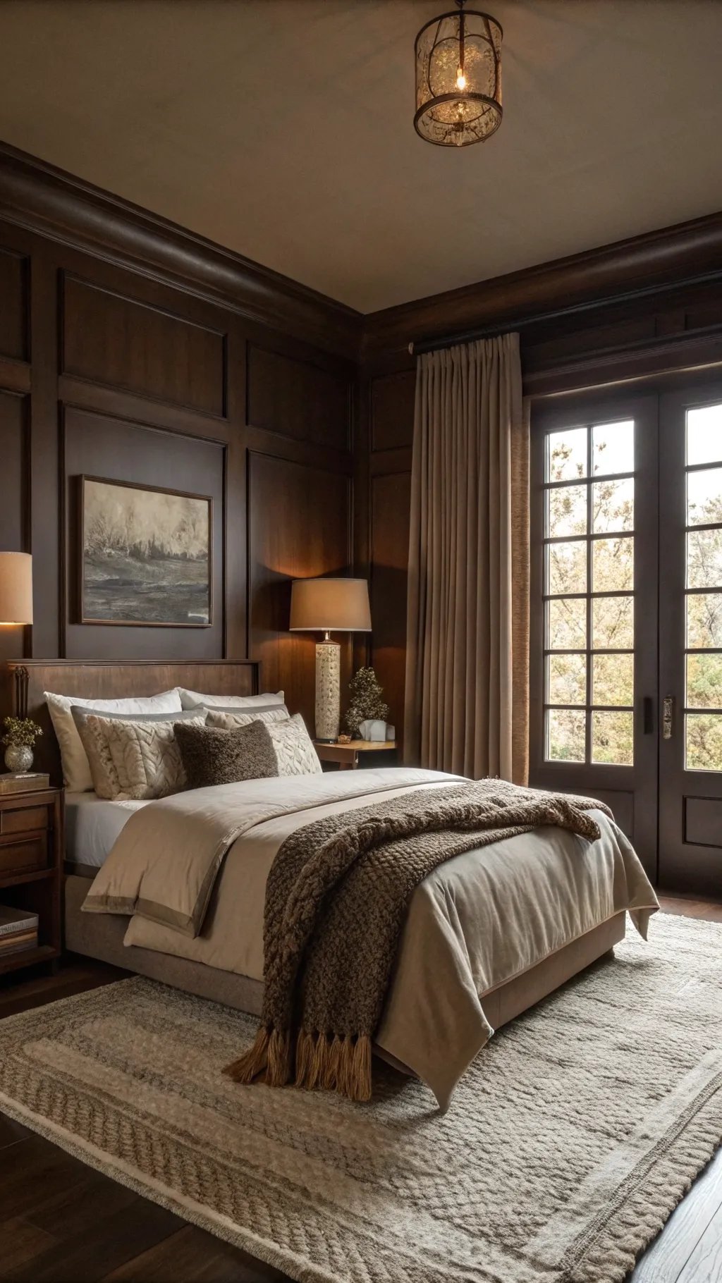 Inviting chocolate brown bedroom with wooden paneling and warm decor