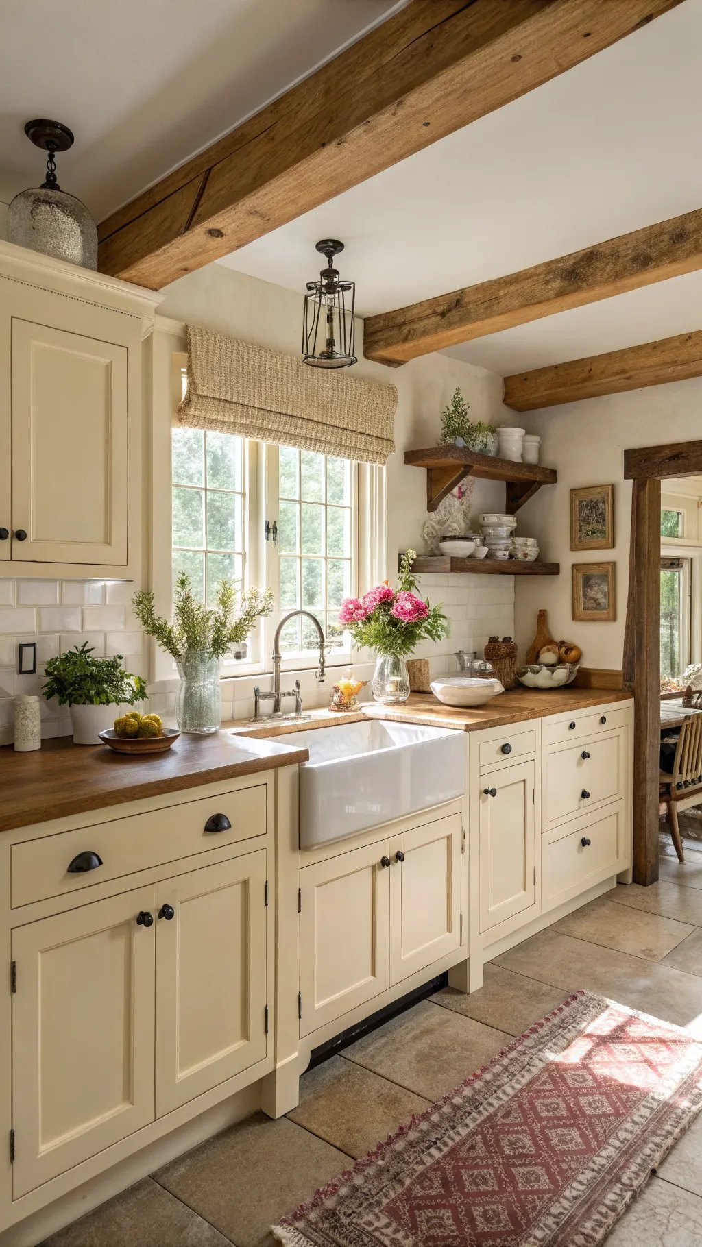 A cozy cottage kitchen with beige cabinets, wooden countertops, and open shelving filled with dishware and fresh flowers
