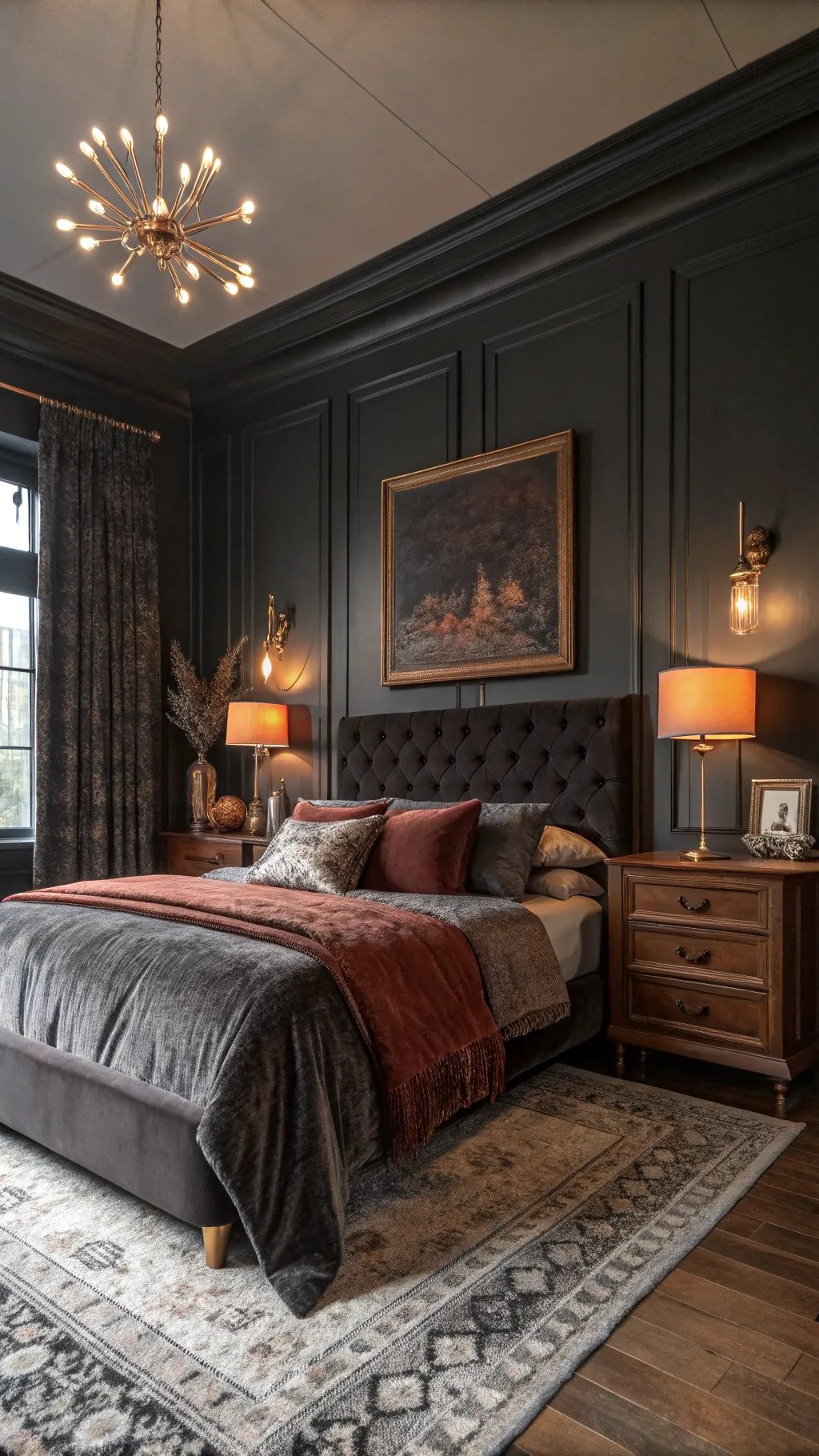 Cozy dark bedroom with tufted headboard and warm lighting.