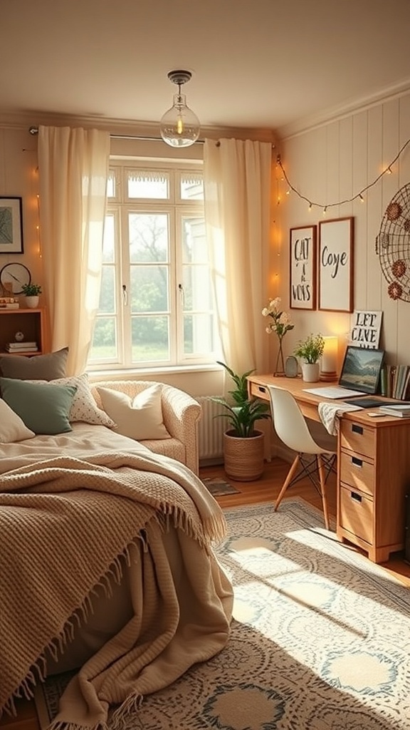 A cozy dorm room featuring a bed with a blanket and pillows, a chair by the window, a desk, plants, and warm lighting.