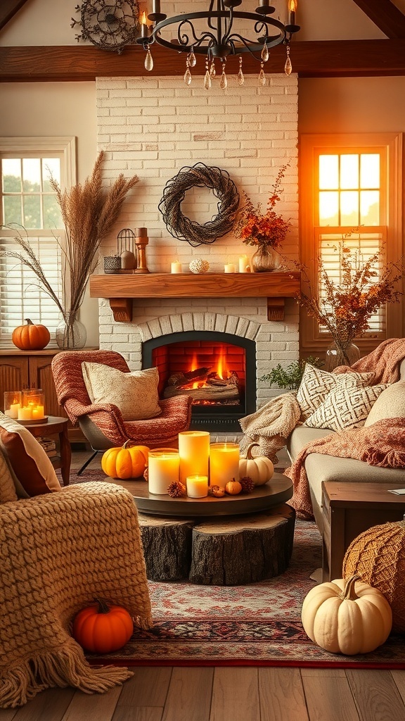 A cozy living room decorated for fall with pumpkins, candles, and warm textiles.