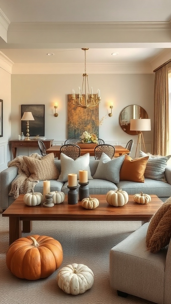 A cozy living room decorated with pumpkins, candles, and warm, soft furnishings for fall and Halloween.